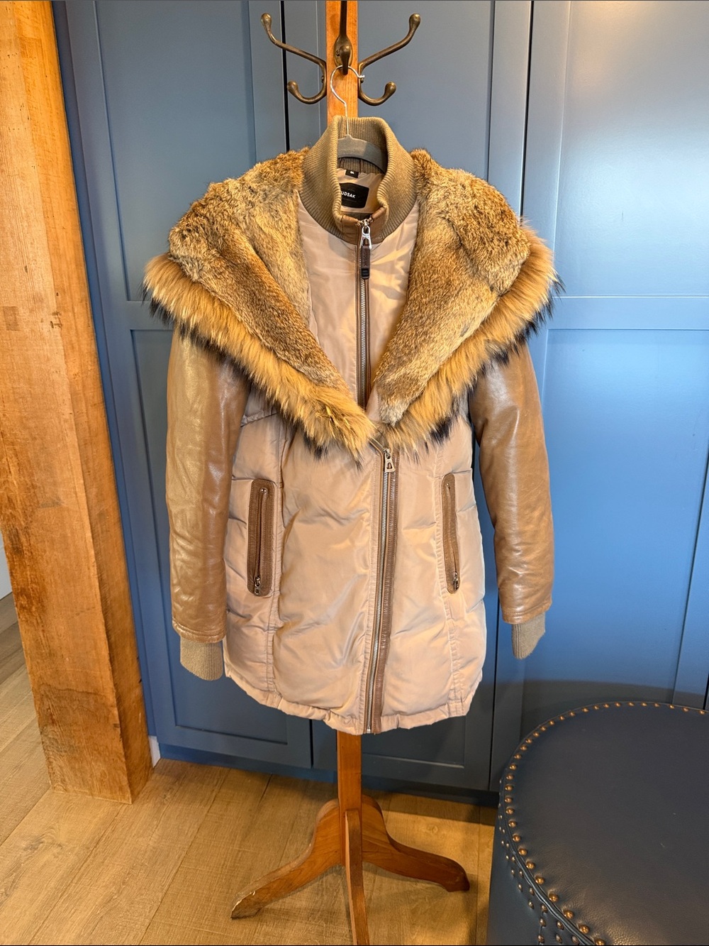 RUDSAK Taupe-Fur Trim Mixed-Media Puffer Coat